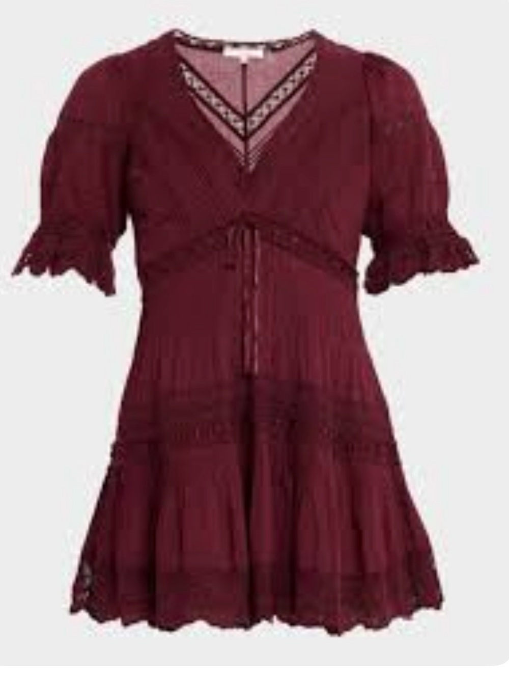 LoveShackFancy Lillias Burgundy Lace-Detail Cotton Mini Dress